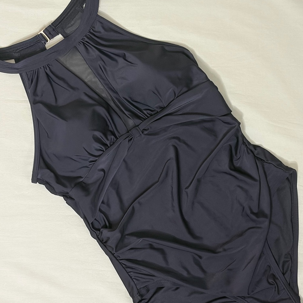 Black Mesh Panel Halter One Piece Swimsuit Medium Runched Tummy Control